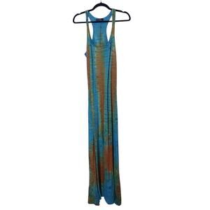 T Party Brown Aqua Tie Dye Sleeveless Jersey Maxi Dress Small Boho Resortwear